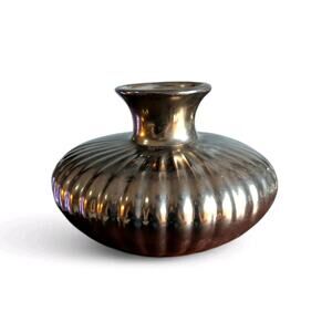 Vtg Haeger Ribbed Metallic Vase Mid Century Modern Art Pottery Bronze Melon